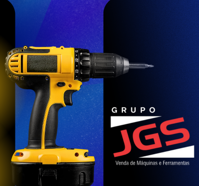 Furadeira sem fio amarela e preta com ponta de parafuso sobre fundo azul em degradê, ao lado do logo Grupo JGS — venda de máquinas e ferramentas.