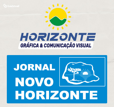 O fundo da imagem é uma superfície cinza claro com textura de linhas horizontais. O logotipo da Horizonte, na parte superior, tem um ícone de sol amarelo com um morro verde. O nome HORIZONTE está em letras azuis grandes, com GRÁFICA & COMUNICAÇÃO VISUAL logo abaixo. A parte inferior é um retângulo azul com a inscrição JORNAL NOVO HORIZONTE em letras brancas. Ao lado do texto, há um desenho branco com a silhueta do mapa do Paraná, um pinheiro araucária e um sol nascente