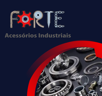 Logo da FORTE Acessórios Industriais com letras feitas de peças metálicas, sobre fundo com rolamentos e anéis mecânicos em disposição técnica.