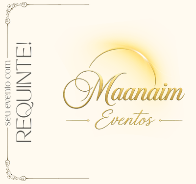 Conjunto de 3 imagens para Maanaim Eventos e Vasti Garden. Primeira: Logo Maanaim Eventos em dourado elegante com brilho suave em fundo escuro sofisticado, transmitindo requinte e luxo em eventos especiais. Segunda: Logo Vasti Garden em tipografia elegante, círculo dourado com flores roxas e fundo floral pastel delicado. Terceira: Convite elegante com lírios brancos, envelope cinza com laço creme sobre fundo bege texturizado, promovendo Maanaim Eventos e Vasti Grafia.