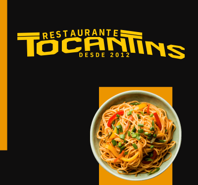 Conjunto de três imagens representando Restaurante Tocantins. Primeira: Logo do Restaurante Tocantins desde 2012 em fundo preto, tigela de macarrão com pimentões coloridos sobre quadrado laranja vibrante. Segunda: Logo do Restaurante Tocantins, desde 2012, em fundo verde escuro com formas amarelas abstratas e círculo branco listrado no canto inferior esquerdo. Terceira: Restaurante Tocantins desde 2012, fundo preto e vermelho com churrasco no espeto, pimentões coloridos e chamas vibrantes.
