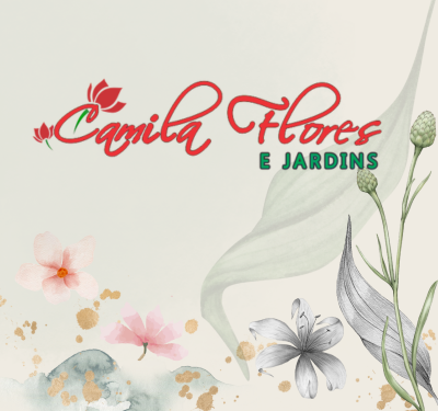 Logo da empresa Camila Flores e Jardins com tipografia cursiva vermelha e verde, acompanhada de ilustrações florais em estilo aquarela no fundo, incluindo flores, folhas e manchas artísticas, transmitindo elegância e temática de jardinagem.