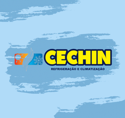 Conjunto de 3 imagens para Cechin Refrigeração e Climatização. Primeira: Logo CECHIN Refrigeração e Climatização com sol e neve, fundo azul texturizado, serviços de ar condicionado e refrigeração. Segunda: Logo Cechin Refrigeração e Climatização com fundo azul e bege com neve, anúncio de venda, instalação e manutenção de ar-condicionado. Terceira: Anúncio de conserto de eletrodomésticos com máquina de lavar, bolhas de sabão e fundo azul dinâmico da empresa Cechin Refrigeração e Climatização.