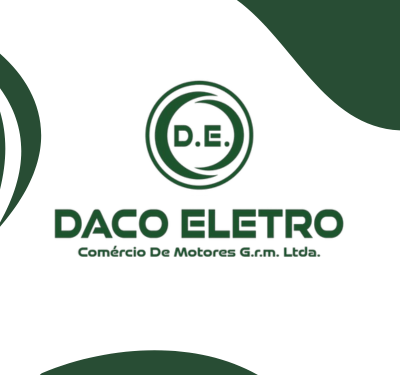 Material patrocinado de Daco Rebobinagem de Motores Conjunto de três imagens. Primeira: Logo da DACO ELETRO com fundo branco e formas verdes; inclui emblema circular
