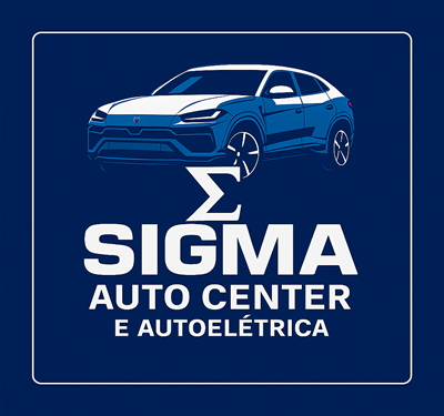 Logo da Sigma Auto Center e Autoelétrica com SUV moderno em azul e branco sobre fundo azul escuro. O símbolo grego Sigma (S) substitui a letra S na palavra SIGMA. Texto em letras maiúsculas destaca os serviços de centro automotivo e elétrica veicular. Fundo sólido azul escuro transmite profissionalismo e confiança.