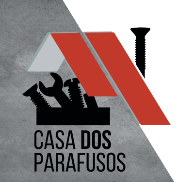 Logo da Casa dos Parafusos com telhado estilizado em vermelho e cinza, ferramentas como parafusos, chave de fenda e chave inglesa sob o telhado, sobre fundo dividido diagonalmente entre textura cinza à esquerda e branco à direita, representando loja de ferragens especializada em parafusos e ferramentas em Marmeleiro, Paraná.
