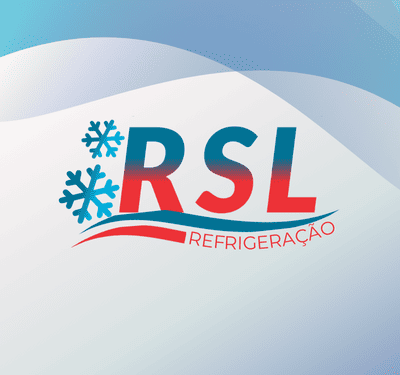 Conjunto de três imagens representando Refrigeração São Lourenço RSL. Primeira: Logo da empresa RSL Refrigeração com letras em gradiente vermelho e azul, duas flocos de neve no 