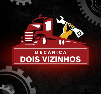 Logo da empresa Mecânica Dois Vizinhos com caminhão vermelho estilizado, braço amarelo segurando chave inglesa, banner vermelho com texto em branco e fundo escuro com ilustrações de engrenagens mecânicas.