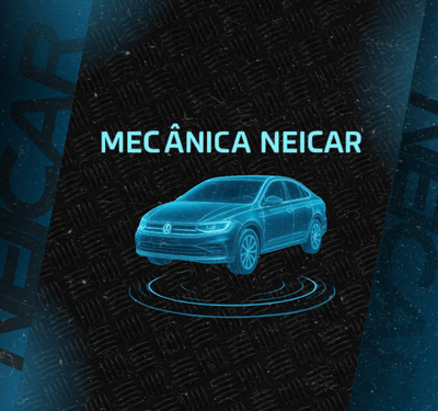 Conjunto de três imagens representando NeiCar Mecânica. Primeira: Logo da Mecânica Neicar com carro azul futurista sobre fundo preto metálico com linhas circulares tecnológicas. Segunda: Volkswagen sedan azul sobre seta branca em fundo xadrez escuro, anúncio de revisão automotiva com chamada para agendar manutenção. Terceira: Logo da Mecânica Neicar em fundo azul escuro com marca de pneu branca e localização Coronel Vivida destacada em amarelo.