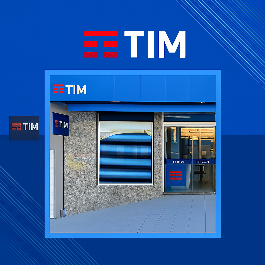 Fachada da loja TIM com logotipo em destaque — três barras vermelhas e a palavra TIM em branco sobre fundo azul — exibida em toldo, janela e porta de vidro. O fundo apresenta moldura azul com linhas diagonais, reforçando a identidade visual da marca de telecomunicações.
