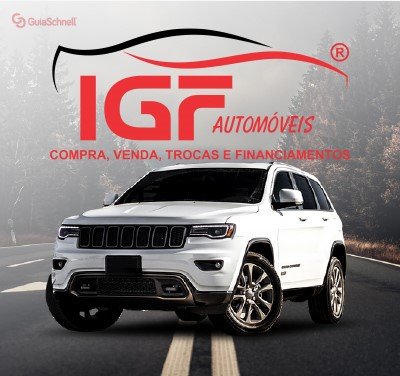 SUV branco em estrada com fundo de floresta. Logo IGF Automóveis e texto sobre compra, venda, trocas e financiamentos.