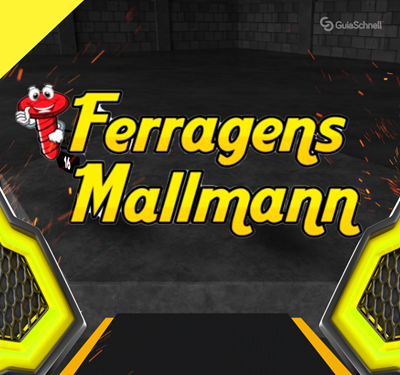 O fundo é escuro, com uma textura de tijolos . No centro, o nome Ferragens Mallmann é exibido em letras grandes, amarelas e com contorno vermelho. À esquerda do nome, há um mascote, que é um parafuso vermelho de desenho animado com olhos e braços, e o número 16 é visível logo abaixo dele. Faíscas e efeitos de luzes laranjas e vermelhas, que se parecem com chamas, estão espalhados pela imagem. O logotipo do GuiaSchnell aparece no canto superior direito