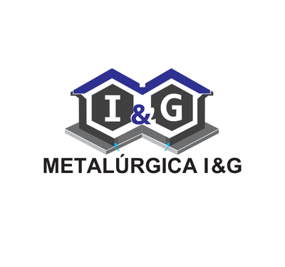 `Logo da empresa Metalúrgica I & G com duas estruturas geométricas em forma de casas, telhados azuis e paredes cinzas, contendo as letras I e G ligadas por um & azul, sobre fundo branco, representando serviços industriais e metalúrgicos.`