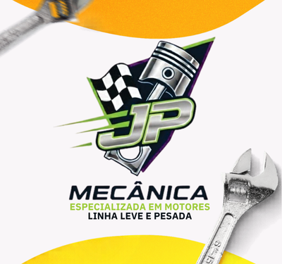 Logo da oficina mecânica JP com pistão metálico e bandeira quadriculada, letras verdes e amarelas, fundo com curvas laranja e branco e chaves inglesas diagonais, destacando serviços especializados em motores linha leve e pesada.