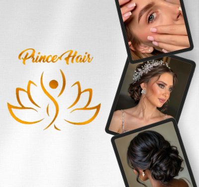 Imagem promocional da marca Prince Hair, especializada em beleza e penteados para ocasiões especiais. O logotipo dourado está centralizado, com uma figura estilizada em forma de flor de lótus simbolizando elegância. À direita, três fotos mostram serviços oferecidos: design de sobrancelhas e unhas bem feitas, penteado de noiva com acessório decorativo, e coque sofisticado visto de trás. O fundo é escuro com detalhes sutis em dourado, destacando os elementos visuais e transmitindo sofisticação.