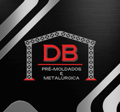 Conjunto de três imagens representando DB Pré-Moldados e Metalúrgica. Primeira: Logo DB Pré-Moldados e Metalúrgica em vermelho sobre estrutura metálica, fundo escuro com textura industrial e detalhes prateados. Segunda: Logo DB Pré-Moldados e Metalúrgica em vermelho sobre fundo cinza de estrutura metálica, com detalhes geométricos vermelhos modernos. Terceira: Logo DB Pré-Moldados e Metalúrgica em fundo escuro texturizado com detalhes vermelhos circulares, estilo industrial moderno.