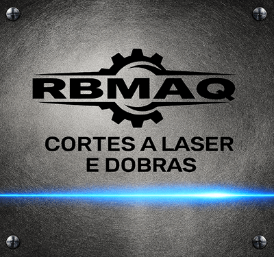 aLogo da RBMAQ com engrenagem preta sobre fundo metálico de aço escovado, acompanhada do texto 'Cortes a Laser e Dobras' e feixe de laser azul horizontal. Arte industrial com parafusos nos cantos e textura radial no fundo.