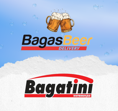 Logos BagasBeer Delivery e Bagatini Distribuição — dois copos de cerveja brindando com espuma sobre fundo azul com gotas d’água, e marca Bagatini com linhas vermelhas sobre fundo branco texturizado — empresas de bebidas, entrega e distribuição.