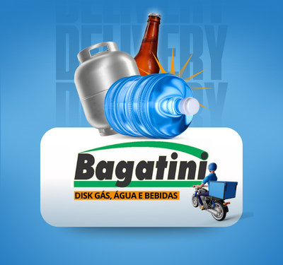 Material patrocinado de Bagatini Disk Gás Água e Bebidas Promoção Bagatini Delivery com fundo azul escrito