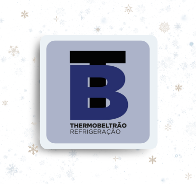 Logo da empresa Thermobeltrão Refrigeração com as iniciais TB estilizadas em azul e preto sobre fundo cinza claro com cantos arredondados, decorado com padrão festivo de flocos de neve em tons de azul e marrom, representando o setor de refrigeração e clima frio.