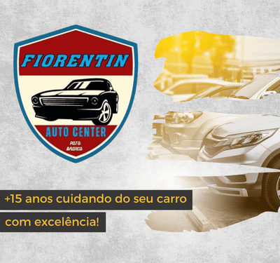 Material patrocinado de Fiorentin Mecânica e Auto Center Logo Fiorentin Auto Center Porto Barão com escudo e carro estilizado, banner promocional com carros modernos ao fundo em tom amarelo, destaque para mais de 15 anos cuidando do seu carro com excelência.