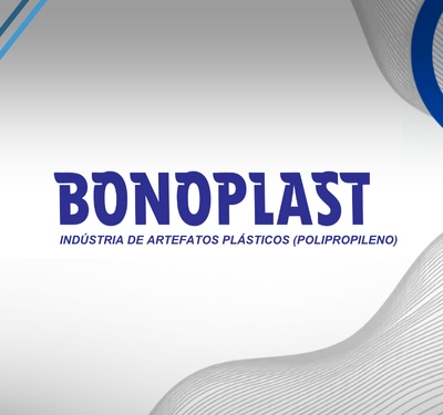 Logo da BONOPLAST Indústria de Artefatos Plásticos (Polipropileno), com fundo moderno em tons de cinza e azul, linhas curvas abstratas e design profissional industrial.