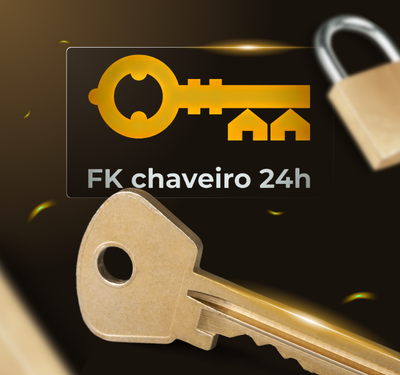 Material patrocinado de FK Chaveiro Imagem de chave dourada metálica com detalhes em relevo ao lado de um cadeado, sobre fundo com logotipo estilizado de chave e casas, acompanhado do texto “FK chaveiro 24h”, representando serviço de chaveiro disponível 24 horas em Pato Branco, Paraná.