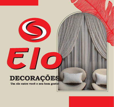 Material patrocinado de Elo Decorações A imagem tem um fundo bege com retângulos vermelhos nos cantos superior esquerdo e inferior direito. No canto superior direito há uma folha ou pena vermelha estilizada. O logotipo principal no lado esquerdo consiste em um círculo vermelho com dois arcos brancos seguido pelo nome Elo Decorações em letras vermelhas e pretas e o slogan Um elo entre você e seu bom gosto. No lado direito dentro de um arco preto há uma cena de decoração com cortinas cinzas elegantes e duas poltronas estofadas em tom claro