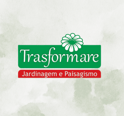 Conjunto de três imagens. Primeira: Logo da Trasformare com fundo aquarela verde acinzentado; destaca serviços de jardinagem e paisagismo com toque floral e design elegante. Segunda: Tag promocional Trasformare Jardinagem e Paisagismo com fundo bege, laço de cordão e ilustrações de margaridas delicadas. Terceira: Logo da Trasformare com árvore artística ao pôr do sol, fundo verde texturizado e banner vermelho: Jardinagem e Paisagismo.