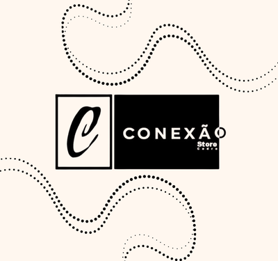 Logo da Conexão Store com letra C estilizada em moldura clara à esquerda e retângulo preto com texto branco “CONEXÃO Store” à direita, sobre fundo bege com linhas onduladas pontilhadas decorativas.