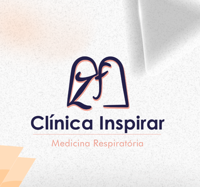 Logo da Clínica Inspirar Medicina Respiratória com ilustração estilizada de pulmões em azul e laranja sobre fundo cinza claro com formas geométricas suaves