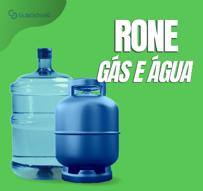 O fundo é de cor verde. No centro, há um garrafão de água mineral transparente com a tampa azul e um botijão de gás azul-escuro. O nome RONE está em letras brancas grandes, e a frase GÁS E ÁGUA aparece logo abaixo, também em letras brancas. O logotipo do GuiaSchnell está no canto superior esquerdo