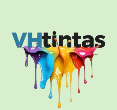 Logo da VHtintas com fundo artístico de tinta colorida escorrendo em tons vibrantes como azul, roxo, amarelo, vermelho e rosa, destacando criatividade.