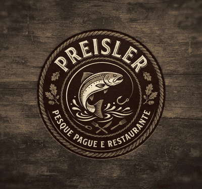 Material patrocinado de Preisler Pesque Pague e Restaurante Conjunto de três imagens que representam Preisler Restaurante e Pesque e Paque. Primeira: Logo circular Preisler com peixe estilizado, fundo rústico de madeira, folhas e anzóis, pesque-pague e restaurante tradicional. Segunda: Restaurante Pesque e Pague com filés de peixe fritos, limão e ervas sobre tábuas de madeira, ambiente rústico e acolhedor. Terceira: Logo circular Preisler com peixe saltando, anzóis e folhas, fundo texturizado com varas de pesca e ondas estilizadas.