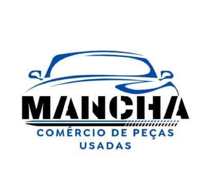 Logotipo da Mancha Comércio de Peças Usadas, com um carro em desenho de linha azul e o nome da empresa em destaque
