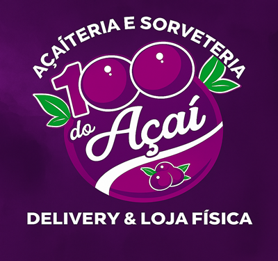 Logo da Açaíteria e Sorveteria 100 do Açaí, com número 100 estilizado em formato de frutas de açaí roxas e folhas verdes, acompanhado do texto 'do Açaí' em fonte cursiva branca. Abaixo, destaque para 'Delivery & Loja Física'. O fundo é roxo texturizado, remetendo à cor do açaí e reforçando a identidade visual da marca.