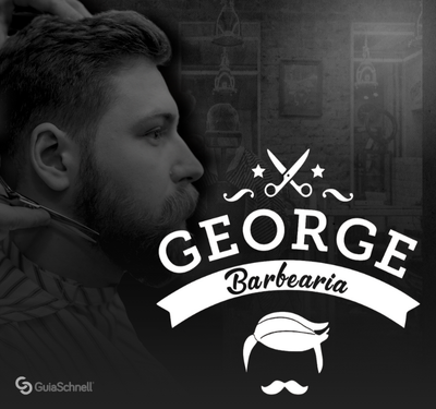 Homem recebendo corte de cabelo na barbearia George Barbearia, com logo estilizado de tesoura, estrelas e bigode sobreposto; ao fundo, interior clássico de barbearia com atmosfera vintage e profissional, imagem promocional presente no GuiaSchnell.