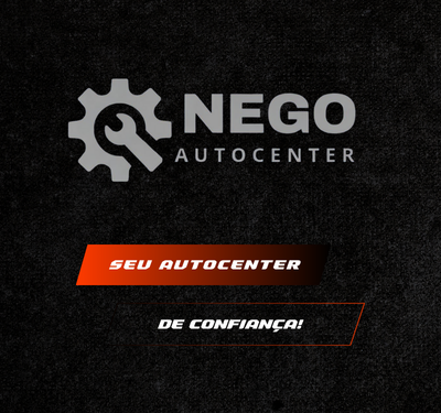 Logo do Nego Autocenter com engrenagem e chave inglesa sobre fundo preto texturizado, acompanhado das frases 