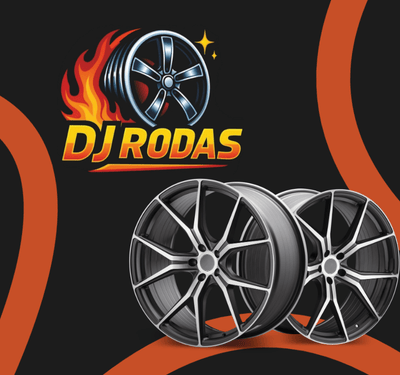 Conjunto de três imagens para DJ Recuperadora de Rodas. Primeira: Logo DJ Rodas com roda em chamas, fundo preto com linhas laranja curvas e duas ilustrações modernas de rodas de liga leve brilhantes. Segunda: Roda automotiva preta e vermelha Michelin em pedestal iluminado, com fundo gráfico promocional DJ Rodas destacado em letras grandes. Terceira: Logo DJ Rodas com roda em chamas e brilhos, letras amarelo-vermelhas em fundo azul texturizado, simbolizando velocidade, energia e estilo.