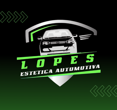 Logo da empresa Lopes Estética Automotiva com carro Volkswagen estilizado em escudo metálico, detalhes em verde e cinza, fundo degradê preto para verde com setas laterais, destacando serviços de estética e cuidados automotivos.
