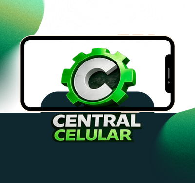 `Logo Central Celular com smartphone, engrenagem verde e letra C metálica sobre fundo verde escuro em degradê com formas arredondadas, representando assistência técnica e serviços de telefonia móvel.`