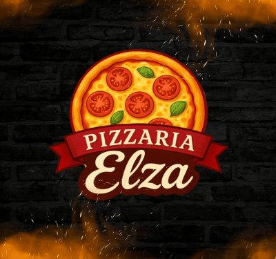 Conjunto de 3 imagens para Pizzaria Elza. Primeira: Pizza com pepperoni, azeitonas e queijo derretido sobre fundo laranja e vermelho com folhas de manjericão – Pizzaria Elza em Realeza. Segunda: Pizza inteira fatiada sobre fundo claro com linha verde curva e frase em português destacando desejo irresistível por pizza. Terceira: Logo da Pizzaria Elza em parede de tijolos escuros com chamas e faíscas, transmitindo ambiente rústico e calor de forno a lenha.