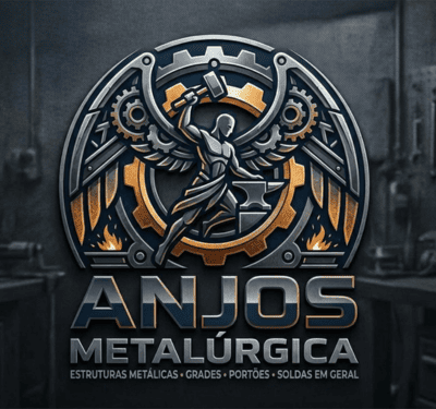 Logo da empresa Anjos Metalúrgica com figura alada segurando martelo, engrenagens metálicas em tons de prata, bronze e dourado, fundo de oficina industrial, serviços de estruturas metálicas, grades, portões e soldas em geral.