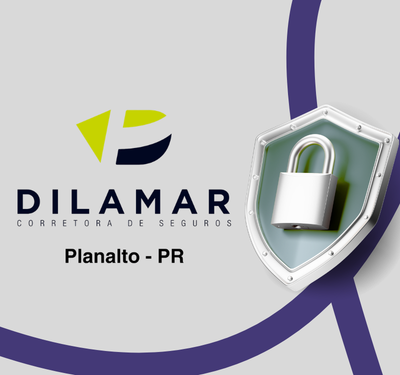 Logo da empresa Dilamar Corretora de Seguros de Planalto, Paraná, com símbolo geométrico em verde e azul representando proteção e confiança, acompanhado de escudo metálico com cadeado sobre fundo cinza claro e linha curva azul moderna