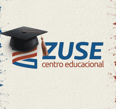 Conjunto de 3 imagens para Zuse Centro Educacional. Primeira: Logo ZUSE Centro Educacional com letra Z estilizada em azul e vermelho, chapéu de graduação e fundo criativo off-white com respingos coloridos. Segunda: Imagem promocional com estudante segurando cadernos, logo colorido em fundo amarelo e texto sobre cursos profissionalizantes: tecnólogos, licenciaturas e bacharelados. Terceira: ZUSE centro educacional com fundo geométrico azul, vermelho e bege, oferecendo graduação e pós online e semipresencial.