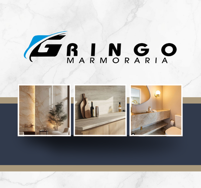 Logo da Gringo Marmoraria sobre fundo de textura de mármore elegante, acompanhado de fotos de ambientes internos com paredes, prateleiras e banheiro revestidos em pedra natural, destacando sofisticação e design moderno.