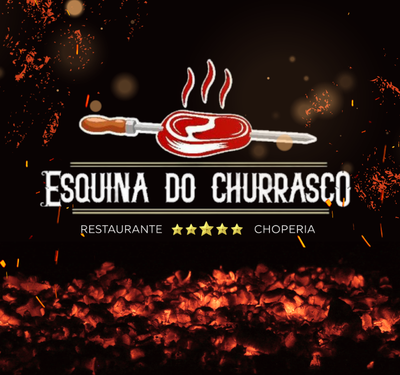Logo do restaurante Esquina do Churrasco com espeto de carne e ondas vermelhas simbolizando churrasco, acompanhado das palavras Restaurante Choperia sobre fundo de brasas incandescentes e faíscas brilhantes.