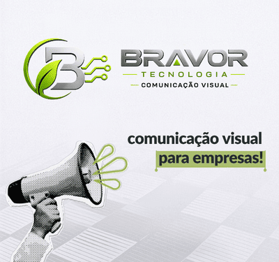Material patrocinado de Bravor Tecnologia e Comunicação Visual Conjunto de três imagens para divulgar Bravor Tecnologia Comunicação Visual. Primeira: Logo BRAVOR Tecnologia Comunicação Visual com folhas verdes, circuitos e megafone sobre fundo geométrico cinza moderno. Segunda: Logo Bravor Tecnologia Comunicação Visual com folha verde, linhas de circuito e fundo criativo em pinceladas verdes. Terceira: Publicidade verde com banners diagonais destacando fachadas, adesivos, banners e impressão digital, fundo tecnológico com logo sustentável.