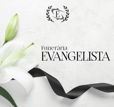 Conjunto de 3 imagens para Funerária Evangelista. Primeira: Logo Funerária Evangelista com lírio branco, laço preto em fundo branco, símbolo de respeito e serviços funerários. Segunda: Funerária Evangelista: planos assistenciais, materiais de convalescença e atendimento 24h. Rosa vermelha sobre lápide cinza simboliza memória. Terceira: Logo Funerária Evangelista com pomba branca em voo sobre fundo claro com raios de luz, símbolo de paz e espiritualidade.