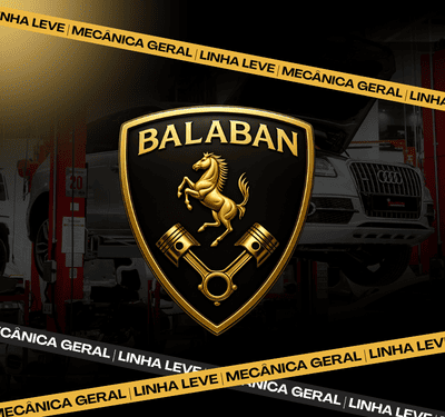 Conjunto de 3 imagens para Balaban Mecânica Automotiva. Primeira: Logo Balaban com cavalo dourado e pistões, oficina mecânica ao fundo, banners Mecânica Geral e Linha Leve em destaque. Segunda: Emblema dourado BALABAN com cavalo e pistões sobre fundo preto com reflexos circulares metálicos, simbolizando força e precisão automotiva. Terceira: Logo Balaban com cavalo e pistões dourados em escudo preto, valores qualidade, transparência e confiança sobre fundo preto com linhas laranja.